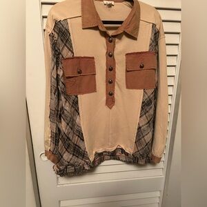 POL Plaid Button-Up Shirt with Pockets